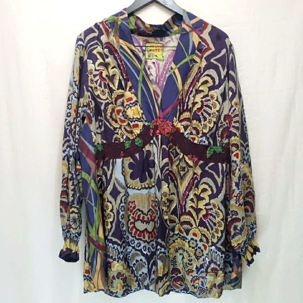 JOHNNY WAS 100% Silk Paisley Floral Tunic Blouse Top Purple Multi Plus Size 1X